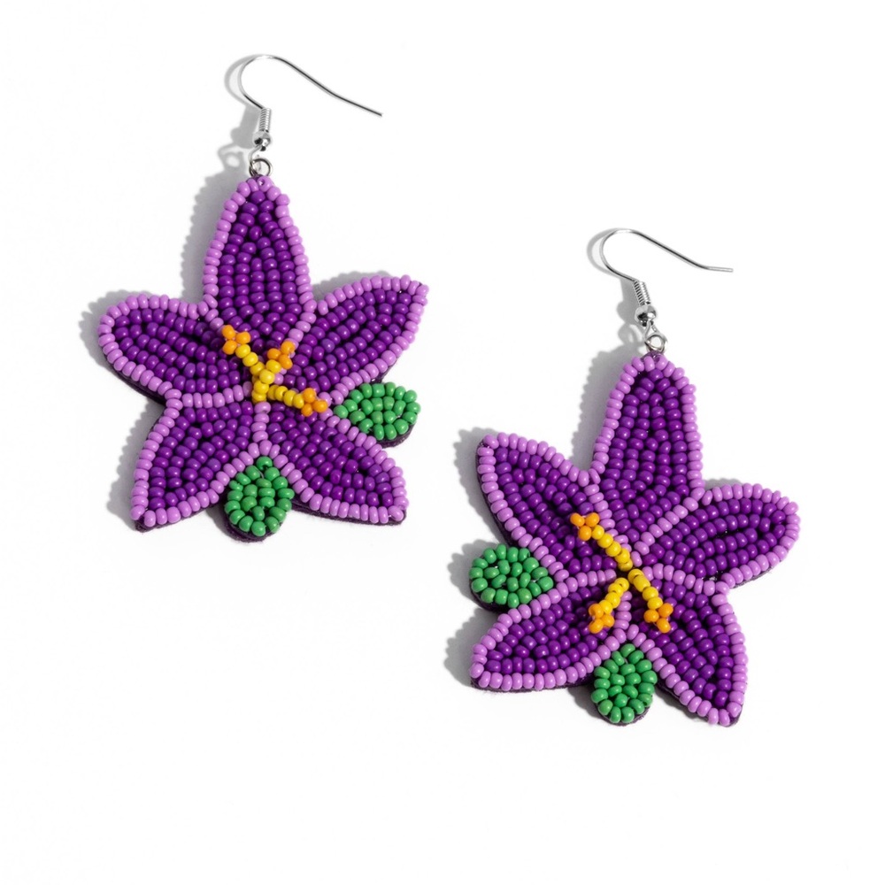 Purple and Green Beaded Flower Earrings